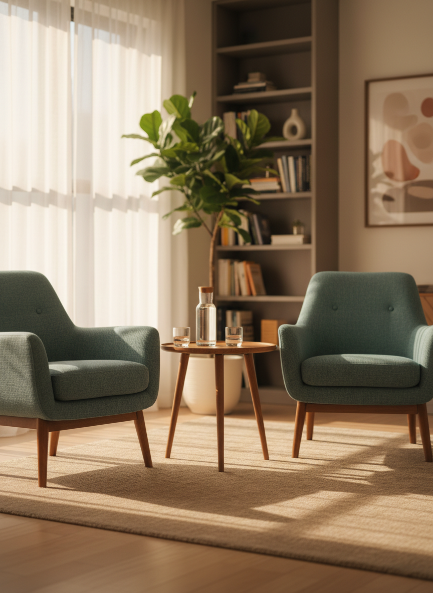 A warmly lit therapy practice room without any people, featuring two mid-century modern armchairs in muted teal fabric facing each other at a gentle angle, separated by a small oak side table with a simple glass carafe of water and two tumblers. The room has light wooden flooring, a soft sand-colored rug, and a tall plant in a ceramic pot near a large window with sheer white curtains. Late afternoon natural light pours in, creating soft highlights and gentle shadows. Photographic realism at eye level, with a calm, professional atmosphere and a slightly shallow depth of field that keeps the seating area in sharp focus while the bookshelf and abstract artwork in the background blur subtly.