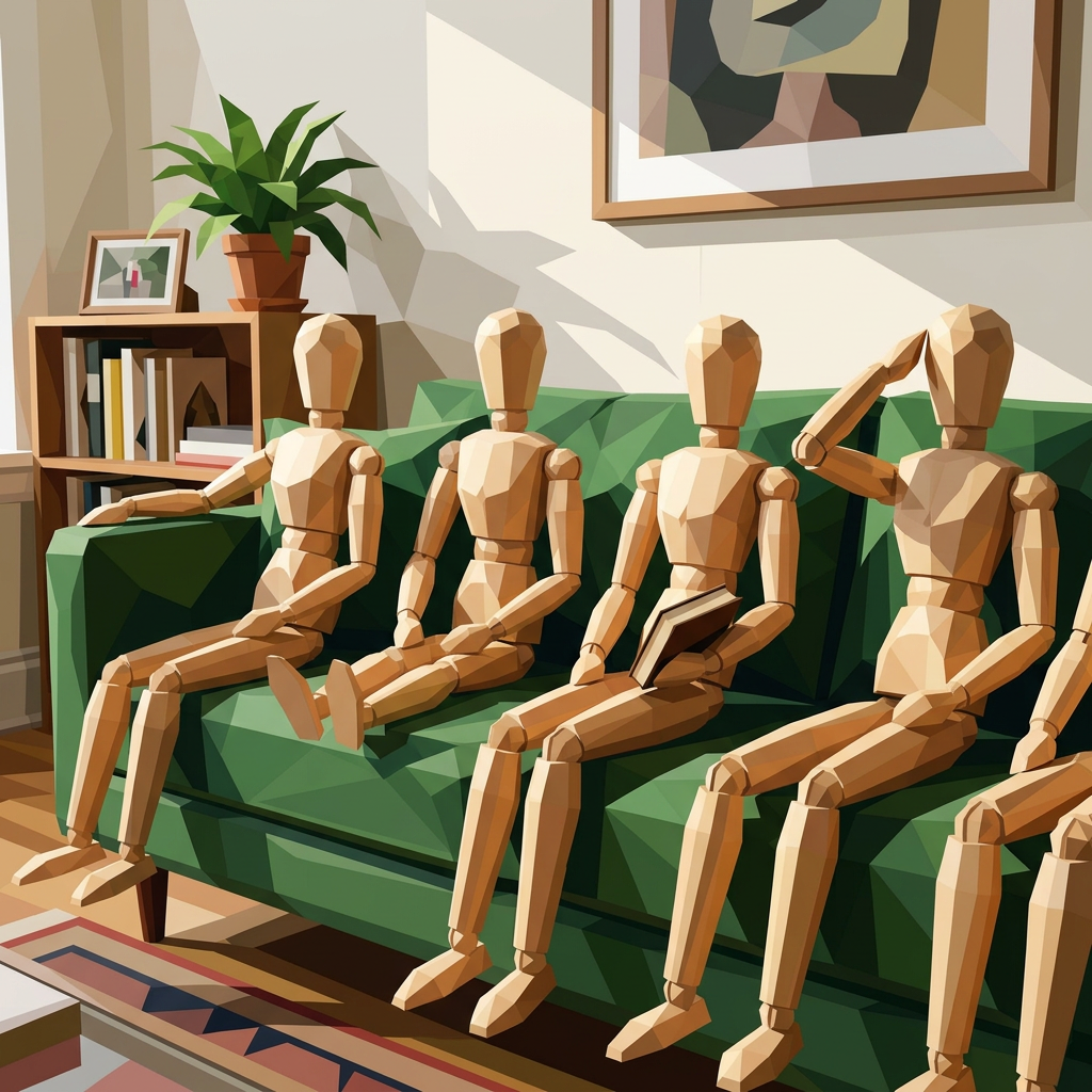 Six wooden artist mannequins sitting on a green sofa with different poses