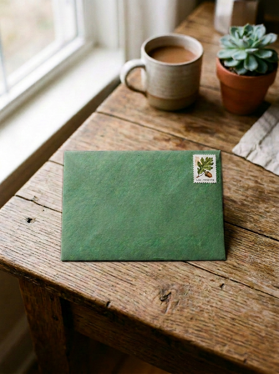 Green envelope addressed to Sarah J. Peterson at 421 Willow Creek Road, Boulder, Colorado 80302, with an oak leaf and acorn stamp